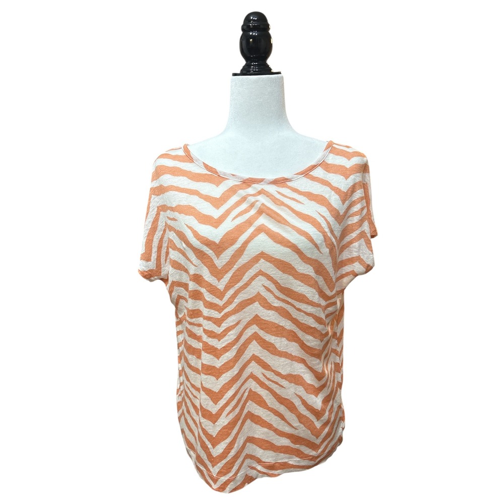 Tahari 100% Linen Button Back Zebra Print Top Orange White Size Small